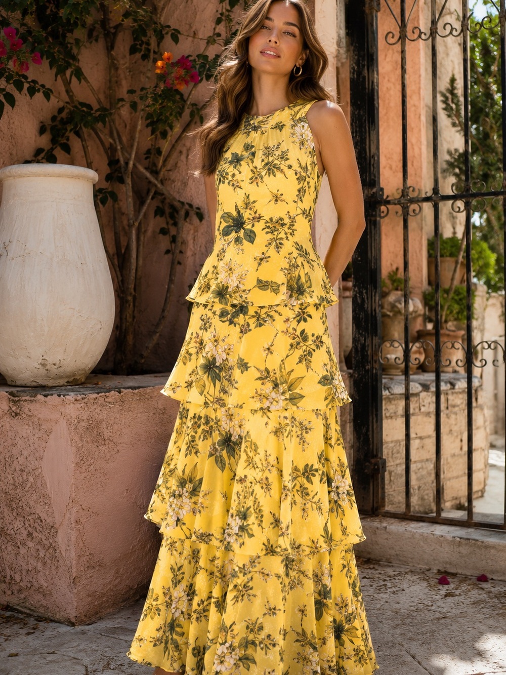 Tommy Hilfiger Yellow Floral Tiered Maxi Dress